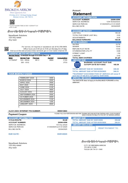 USA Oklahoma City of Broken Arrow business utility bill template in Word and PDF formats